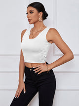 Women's Solid Color Knit Y-neckline Cropped Henley Tank Top