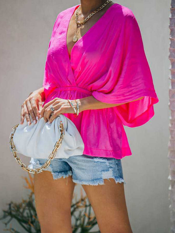 New style cotton V-neck elastic waist casual fashion short-sleeved shirt
