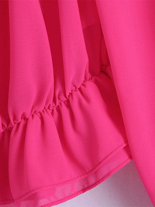 Spring new one-shoulder layered decorative chiffon rose red shirt