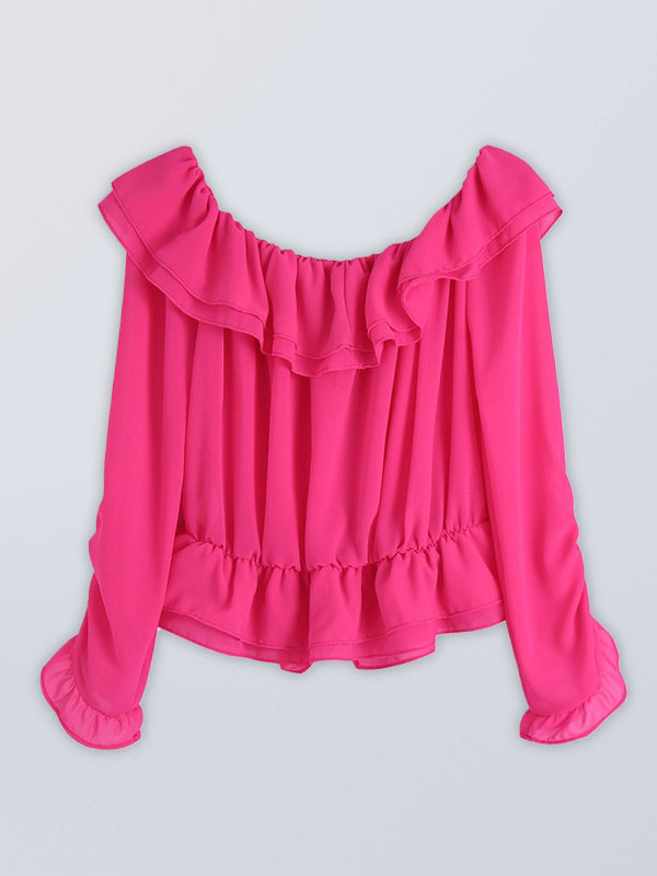 Spring new one-shoulder layered decorative chiffon rose red shirt