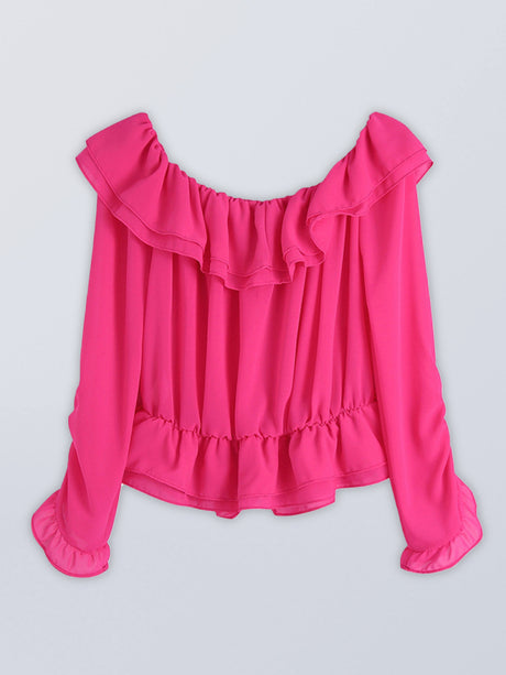Spring new one-shoulder layered decorative chiffon rose red shirt