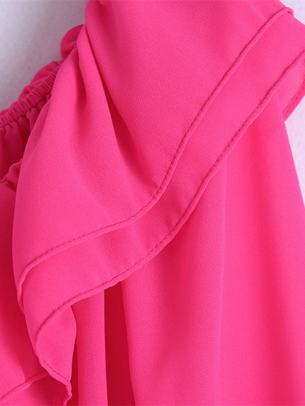Spring new one-shoulder layered decorative chiffon rose red shirt
