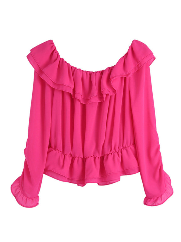 Spring new one-shoulder layered decorative chiffon rose red shirt