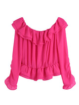 Spring new one-shoulder layered decorative chiffon rose red shirt