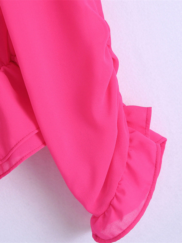 Spring new one-shoulder layered decorative chiffon rose red shirt