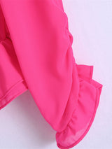 Spring new one-shoulder layered decorative chiffon rose red shirt