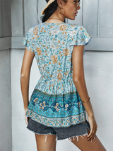 Women's Bohemian Print Ruffle Short Sleeve Blouse