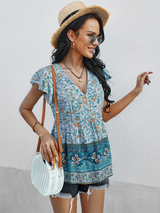 Women's Bohemian Print Ruffle Short Sleeve Blouse