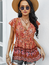 Women's Bohemian Print Ruffle Short Sleeve Blouse
