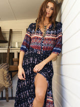 Women's Bohemian Print V-neck Long Sleeve Mixed-print Button-front Dress