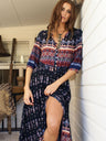 Women's Bohemian Print V-neck Long Sleeve Mixed-print Button-front Dress