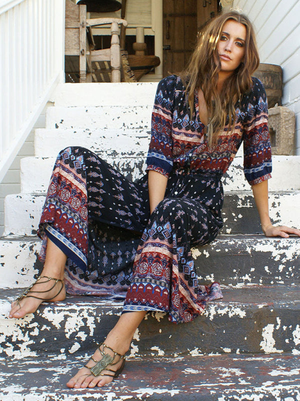 Women's Bohemian Print V-neck Long Sleeve Mixed-print Button-front Dress