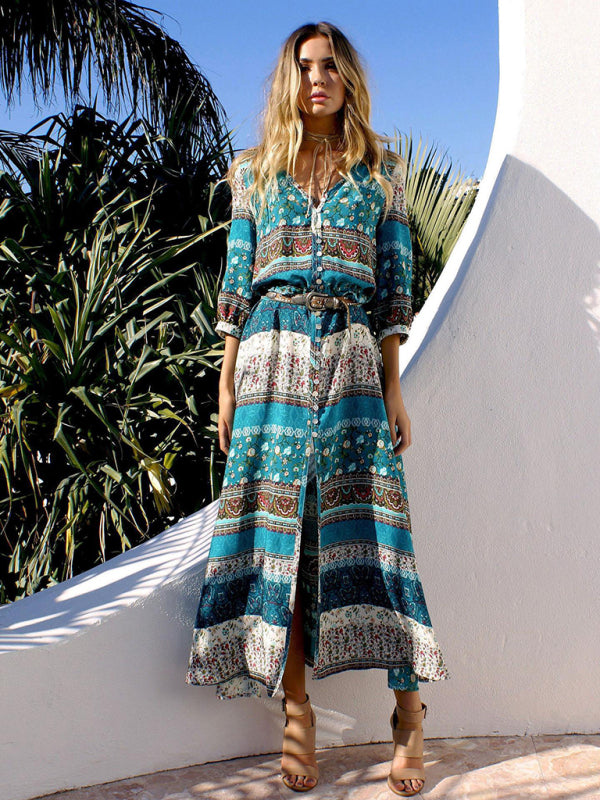 Women's Bohemian Print V-neck Long Sleeve Mixed-print Button-front Dress