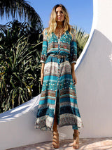 Women's Bohemian Print V-neck Long Sleeve Mixed-print Button-front Dress