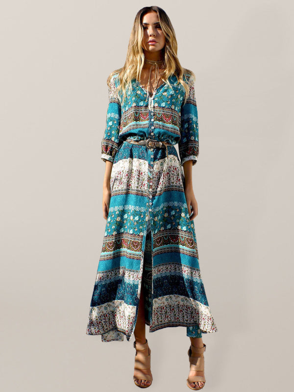 Women's Bohemian Print V-neck Long Sleeve Mixed-print Button-front Dress