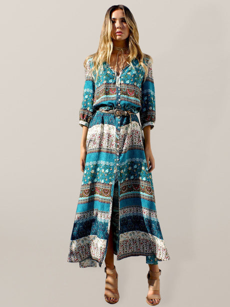 Women's Bohemian Print V-neck Long Sleeve Mixed-print Button-front Dress