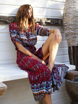 Women's Bohemian Print V-neck Long Sleeve Mixed-print Button-front Dress