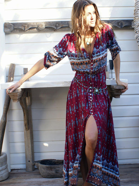 Women's Bohemian Print V-neck Long Sleeve Mixed-print Button-front Dress