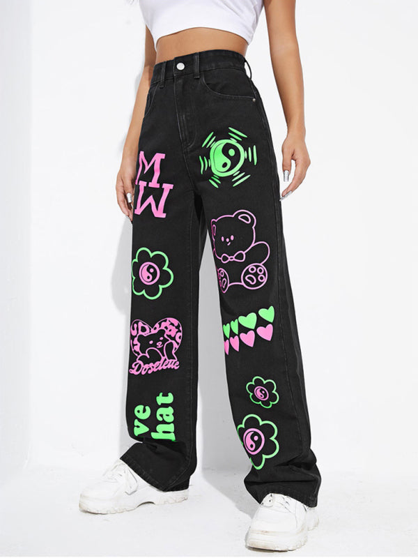 Women's Graffiti Graphics On The Front Wide-leg Silhouette Jeans