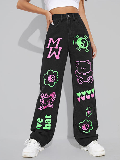 Women's Graffiti Graphics On The Front Wide-leg Silhouette Jeans