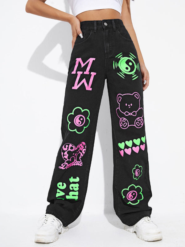 Women's Graffiti Graphics On The Front Wide-leg Silhouette Jeans