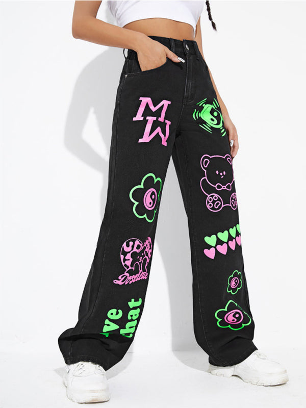 Women's Graffiti Graphics On The Front Wide-leg Silhouette Jeans
