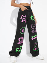 Women's Graffiti Graphics On The Front Wide-leg Silhouette Jeans