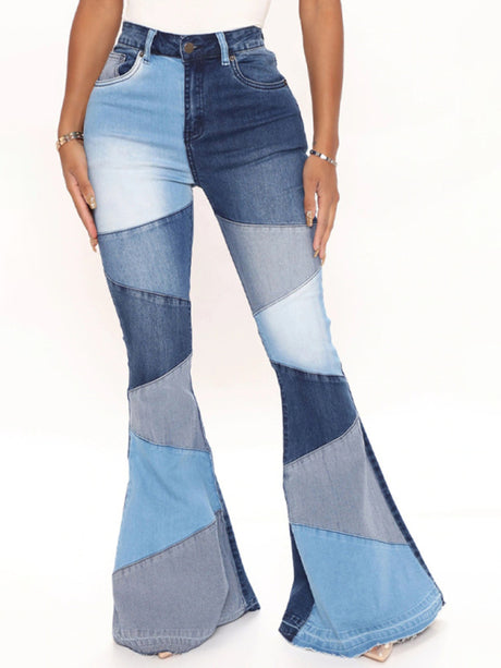 Women's Colorblock High Waist Flared Jeans