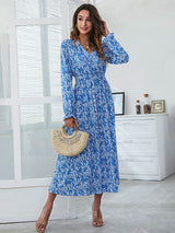 Women's Floral Smocked Waist Long Sleeve Midi Dress