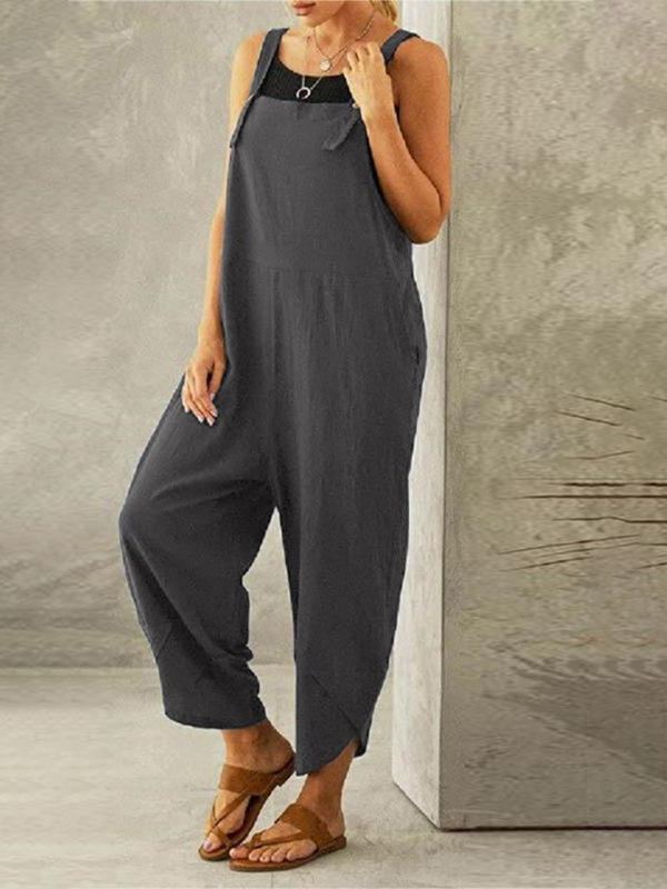 Women's Solid color casual button up suspender jumpsuit