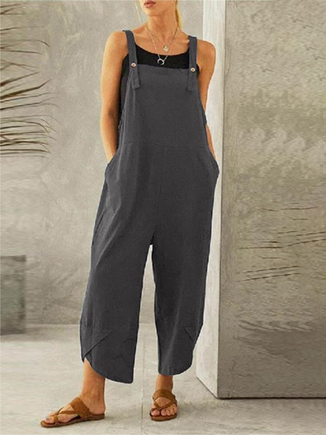 Women's Solid color casual button up suspender jumpsuit