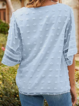 Women's Solid Color V-neck Clip Dot With 3/4 Chiffon Sleeves Blouse