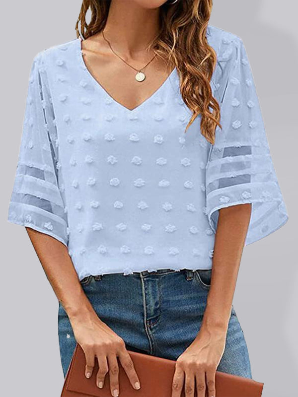 Women's Solid Color V-neck Clip Dot With 3/4 Chiffon Sleeves Blouse