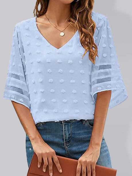 Women's Solid Color V-neck Clip Dot With 3/4 Chiffon Sleeves Blouse