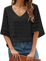 Women's Solid Color V-neck Clip Dot With 3/4 Chiffon Sleeves Blouse