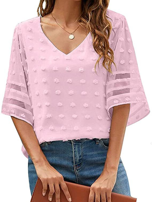Women's Solid Color V-neck Clip Dot With 3/4 Chiffon Sleeves Blouse