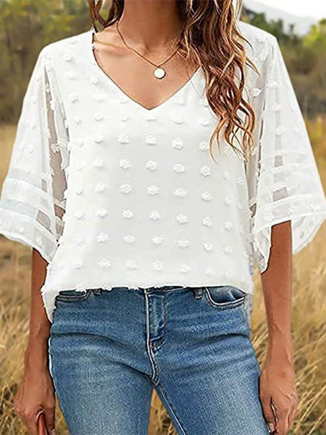 Women's Solid Color V-neck Clip Dot With 3/4 Chiffon Sleeves Blouse
