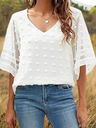 Women's Solid Color V-neck Clip Dot With 3/4 Chiffon Sleeves Blouse