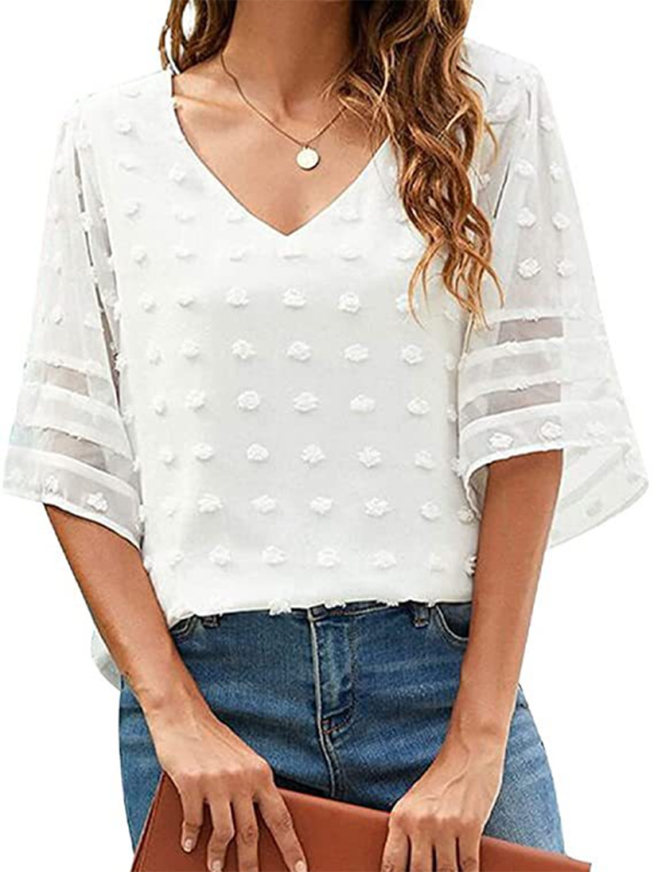Women's Solid Color V-neck Clip Dot With 3/4 Chiffon Sleeves Blouse
