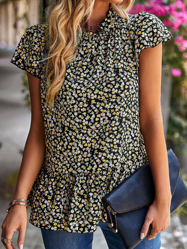 Summer new floral print turtleneck blouse loose holiday style