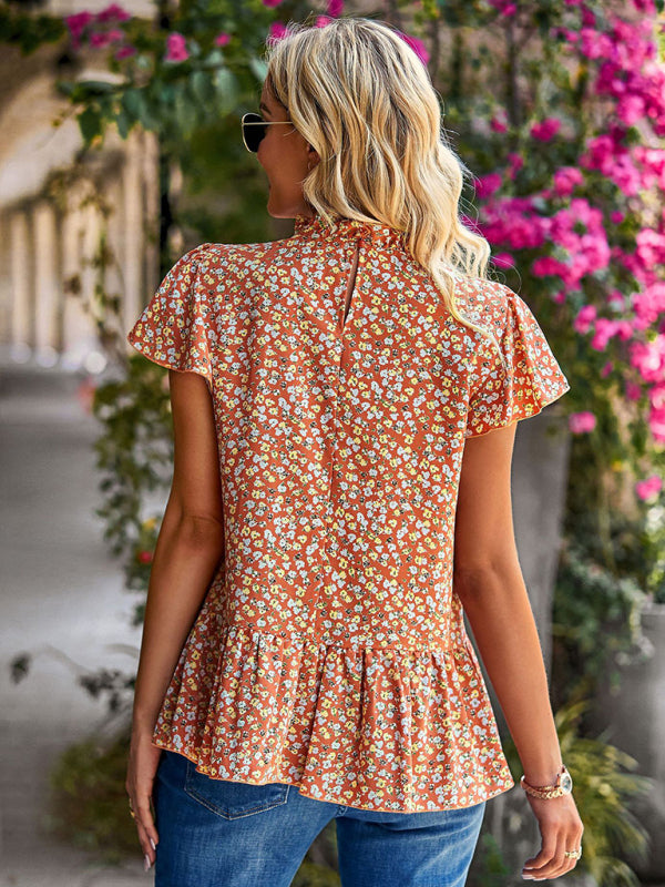 Summer new floral print turtleneck blouse loose holiday style