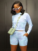 Women's tie-dye printing round neck pullover long sleeves + shorts two-piece sets