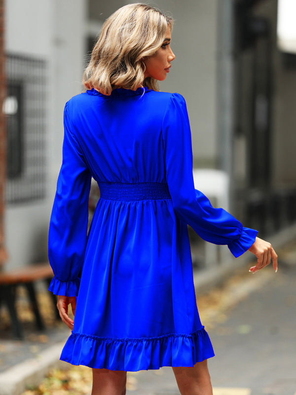 Women's Solid Color Long-sleeve V-neck Ruffle-hem Mini Dress