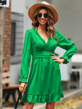 Women's Solid Color Long-sleeve V-neck Ruffle-hem Mini Dress