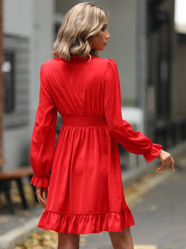 Women's Solid Color Long-sleeve V-neck Ruffle-hem Mini Dress