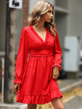 Women's Solid Color Long-sleeve V-neck Ruffle-hem Mini Dress