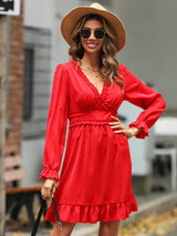 Women's Solid Color Long-sleeve V-neck Ruffle-hem Mini Dress
