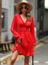 Women's Solid Color Long-sleeve V-neck Ruffle-hem Mini Dress