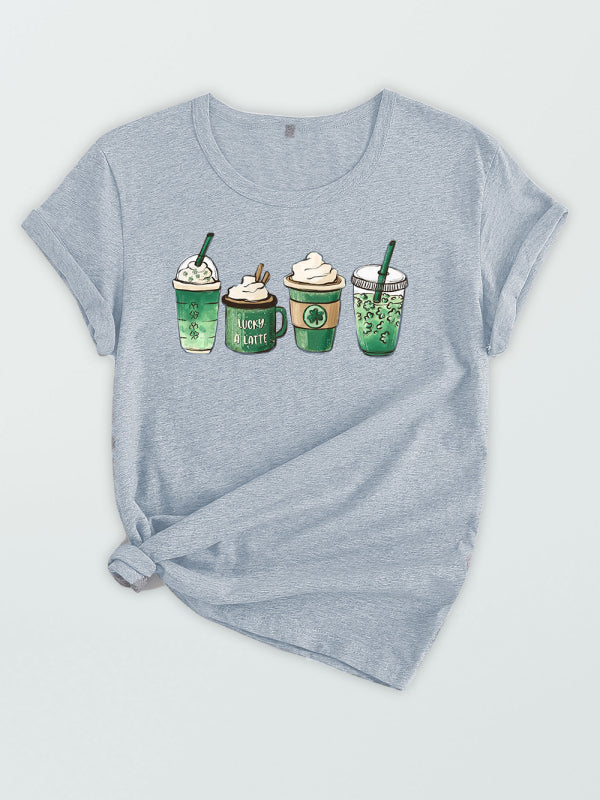 Women's Graphic Crewneck Four-leaf Clover Iced Coffee Cups Short Sleeve T-shirt