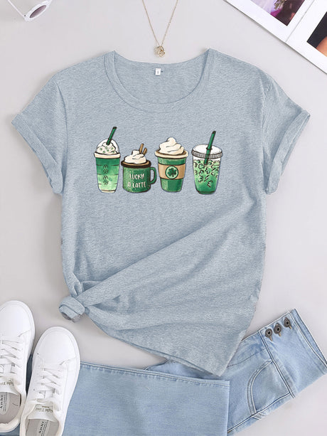 Women's Graphic Crewneck Four-leaf Clover Iced Coffee Cups Short Sleeve T-shirt